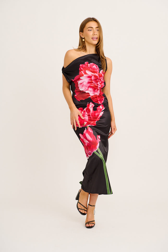 Moon Lily One Shoulder Maxi Dress in Black with Pink Flower Satin full length