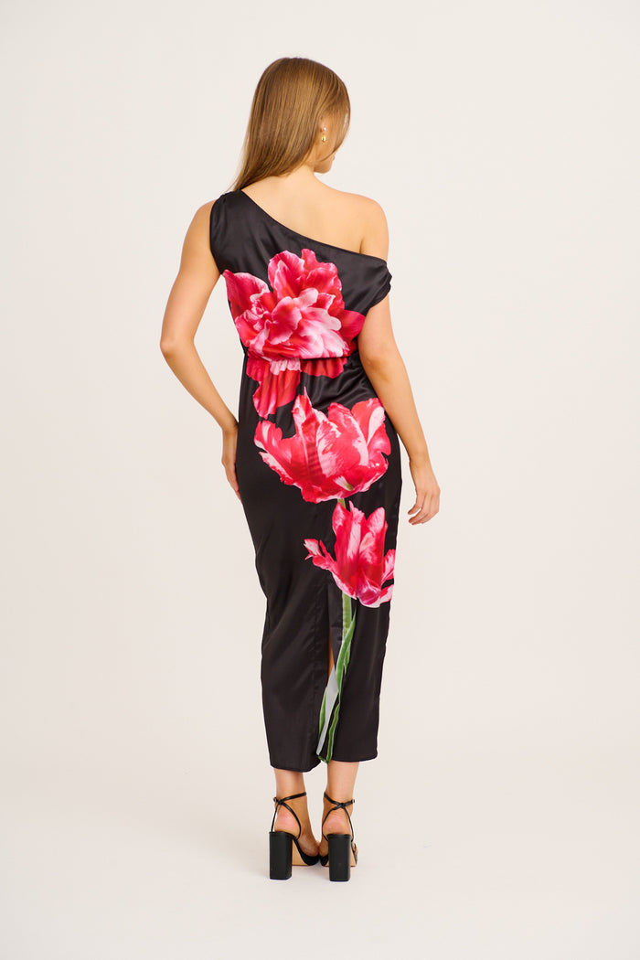 Moon Lily One Shoulder Maxi Dress in Black with Pink Flower Satin back