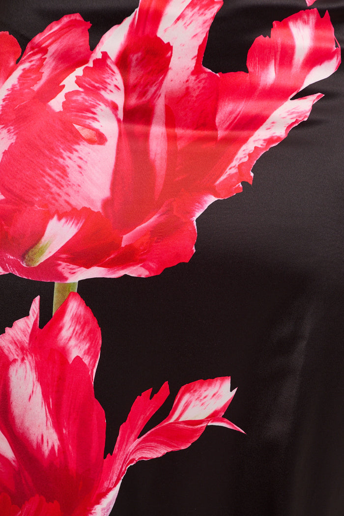 Moon Lily One Shoulder Maxi Dress in Black with Pink Flower Satin fabric