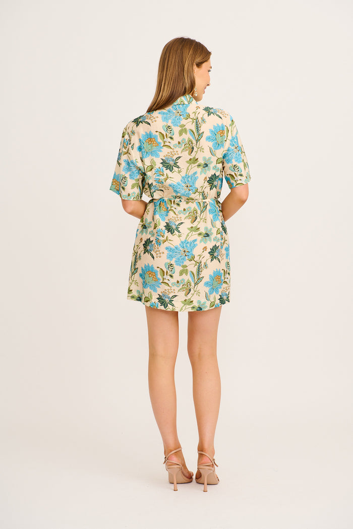Floral Parade Shirt Dress in Cream with Blue Floral back