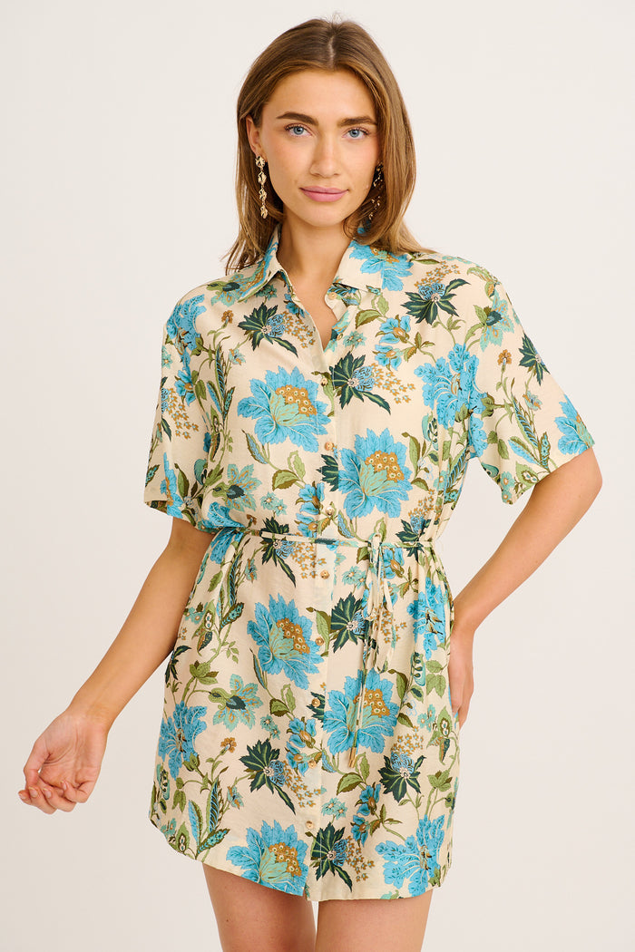 Floral Parade Shirt Dress in Cream with Blue Floral front