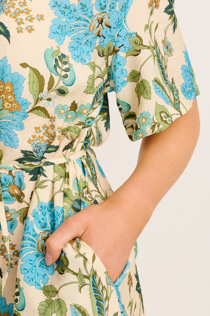Floral Parade Shirt Dress in Cream with Blue Floral detail