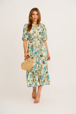 The Floral Series Maxi Dress in Cream with Blue Floral full length