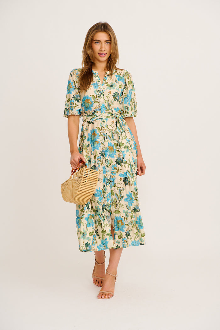 The Floral Series Maxi Dress in Cream with Blue Floral full length