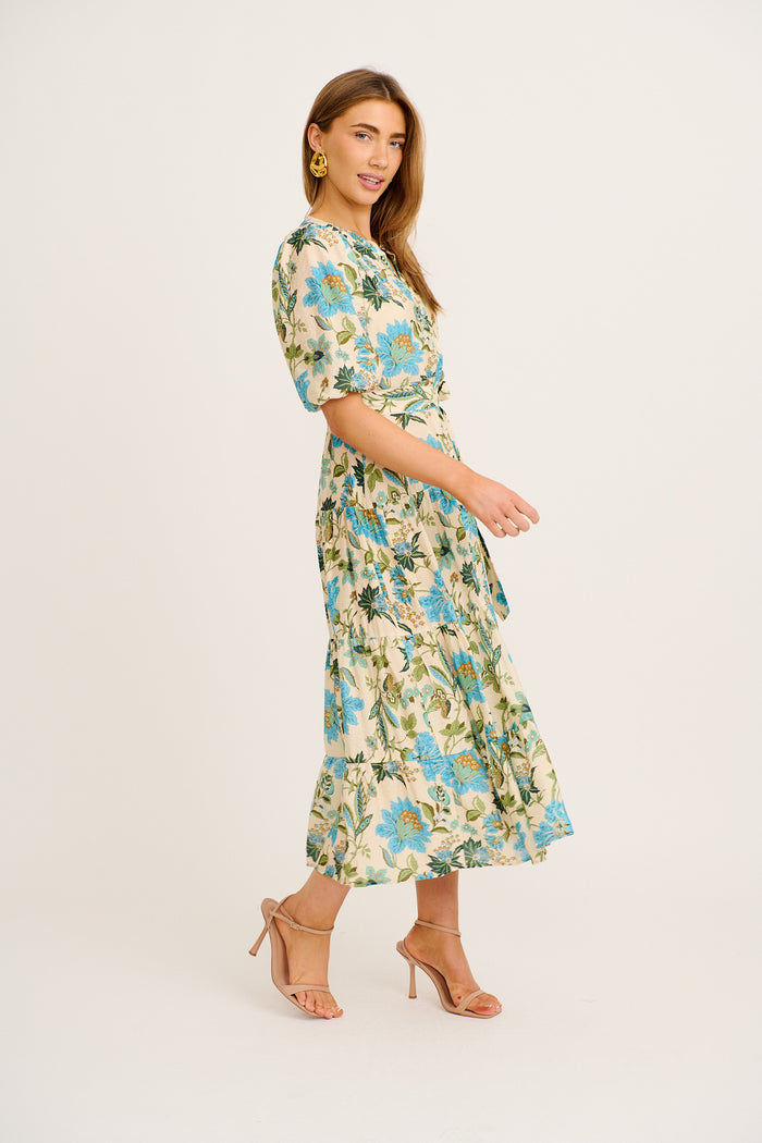 The Floral Series Maxi Dress in Cream with Blue Floral side