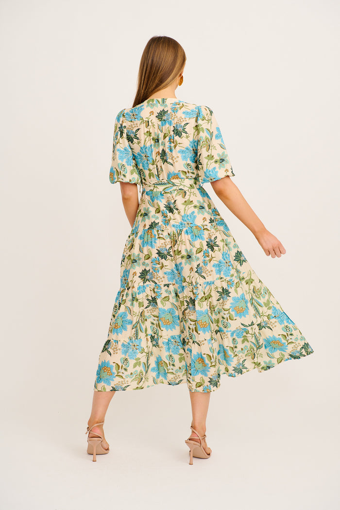 The Floral Series Maxi Dress in Cream with Blue Floral back