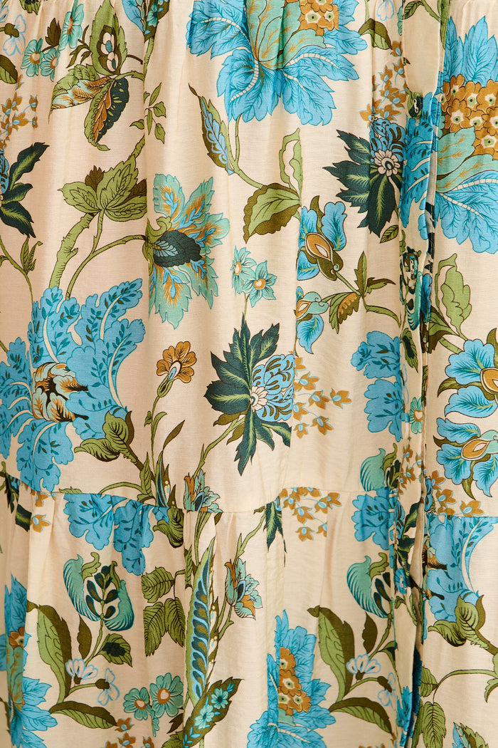 The Floral Series Maxi Dress in Cream with Blue Floral fabric