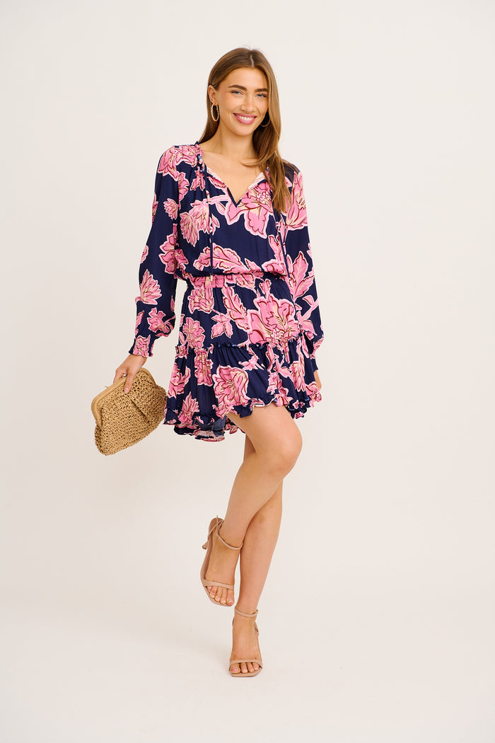 Talk To Me Dress in Navy with Pink Floral full length