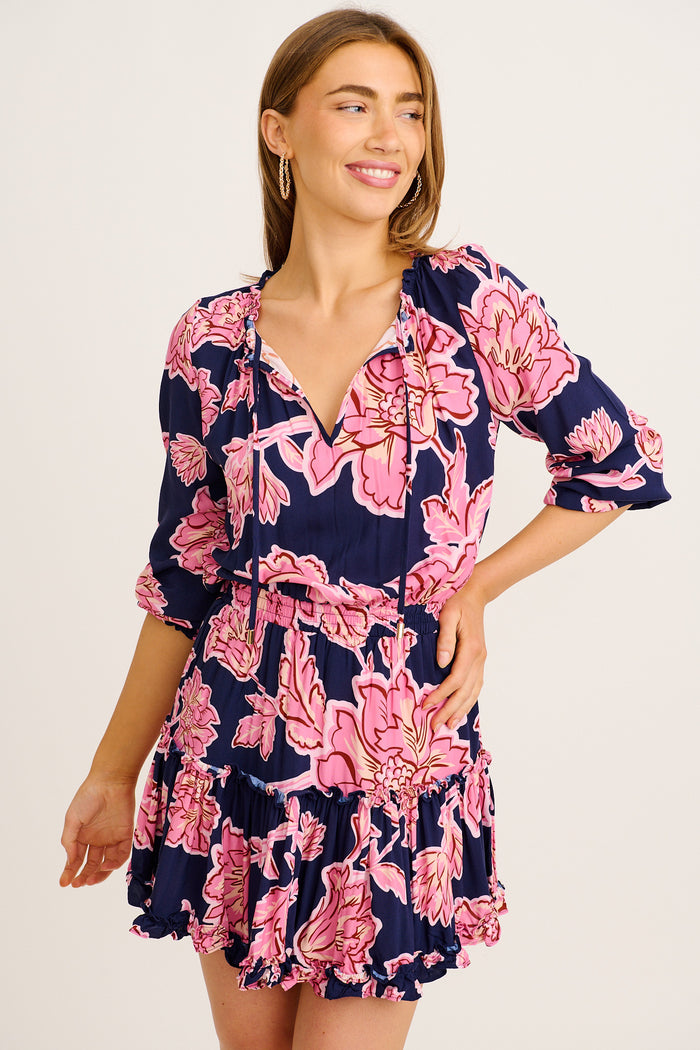 Talk To Me Dress in Navy with Pink Floral front