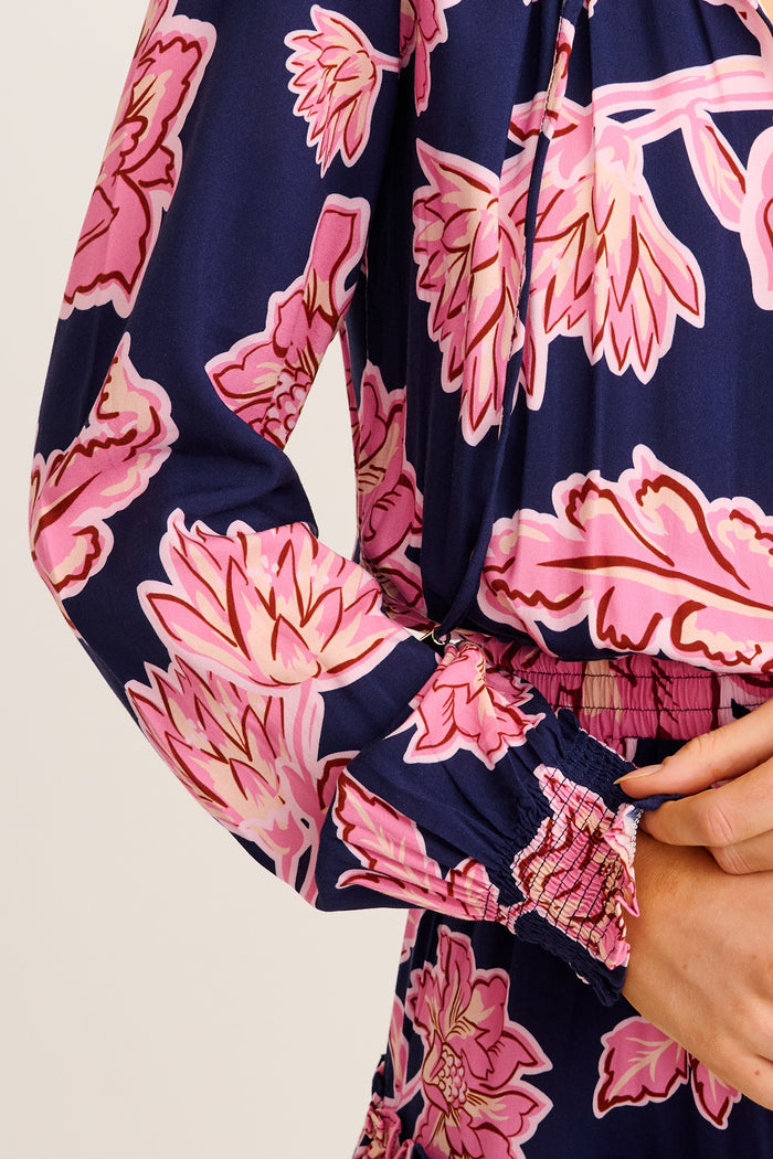 Talk To Me Dress in Navy with Pink Floral detail