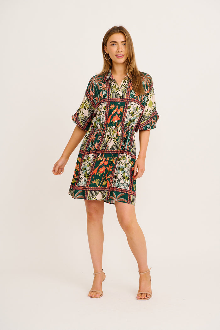 Garden Of Tiles Shirt Dress in Green Tile Print full length