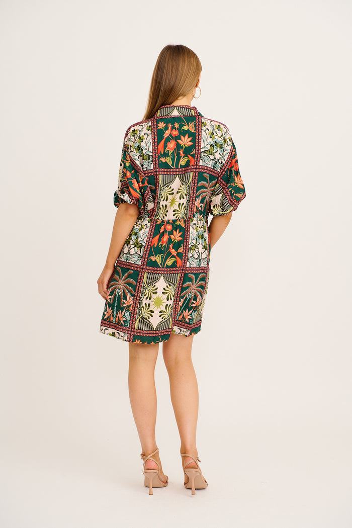 Garden Of Tiles Shirt Dress in Green Tile Print back