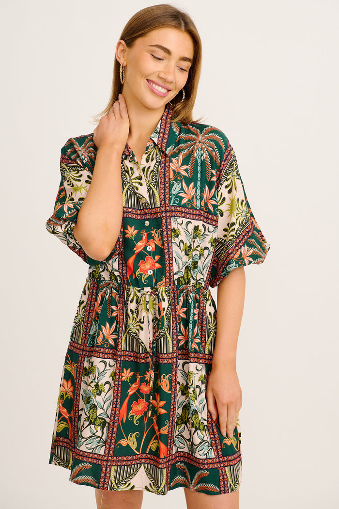 Garden Of Tiles Shirt Dress in Green Tile Print front
