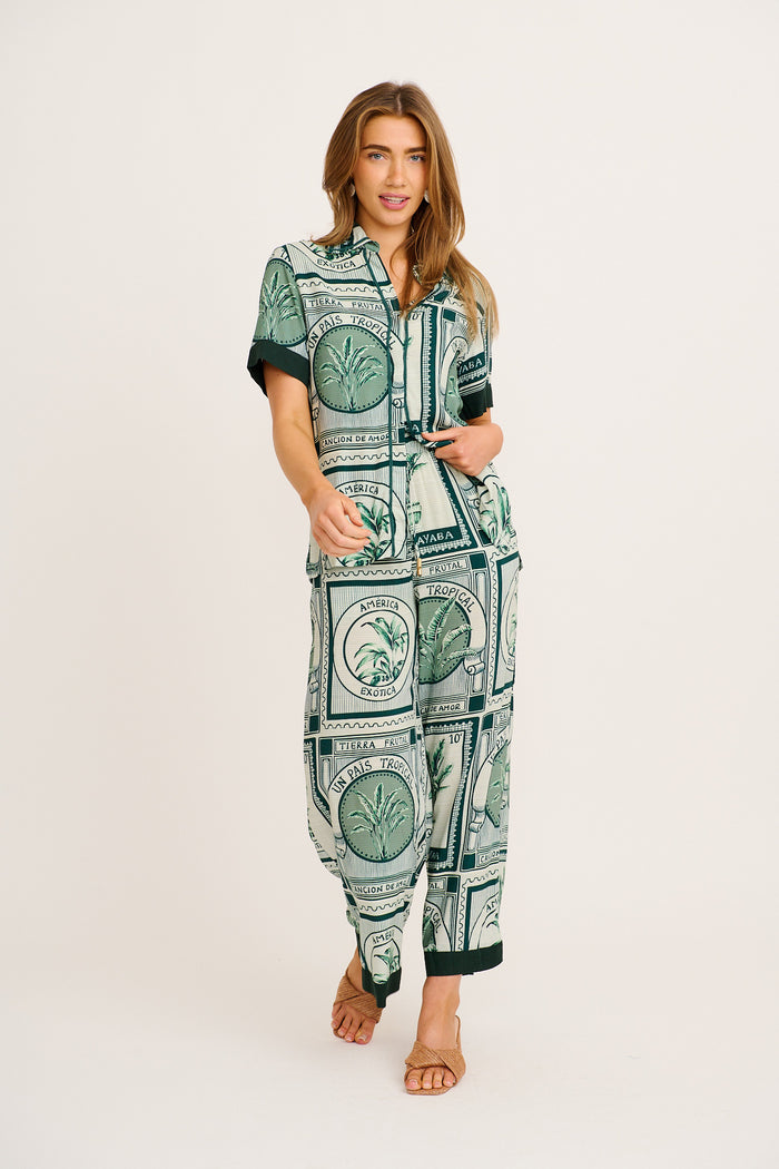 Taylor Wide Leg Pant in Green Tile Print full length set