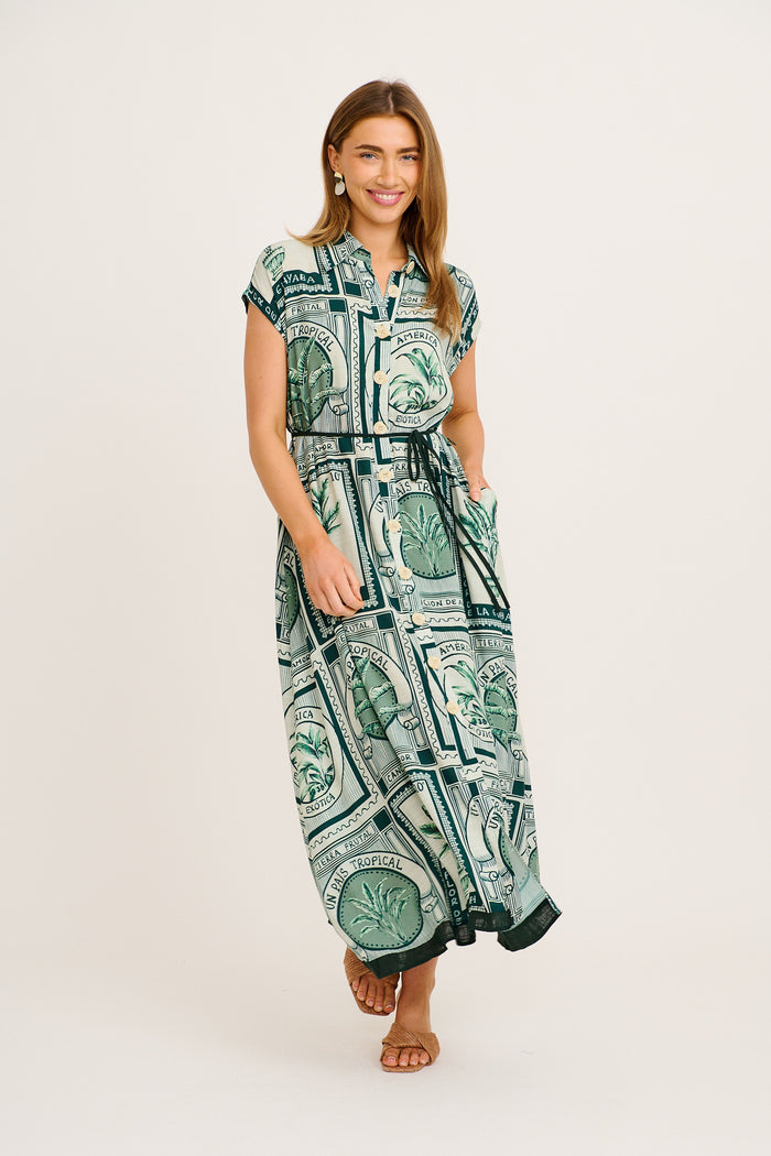 Lucky One Midi Shirt Dress in Green Tile Print full length