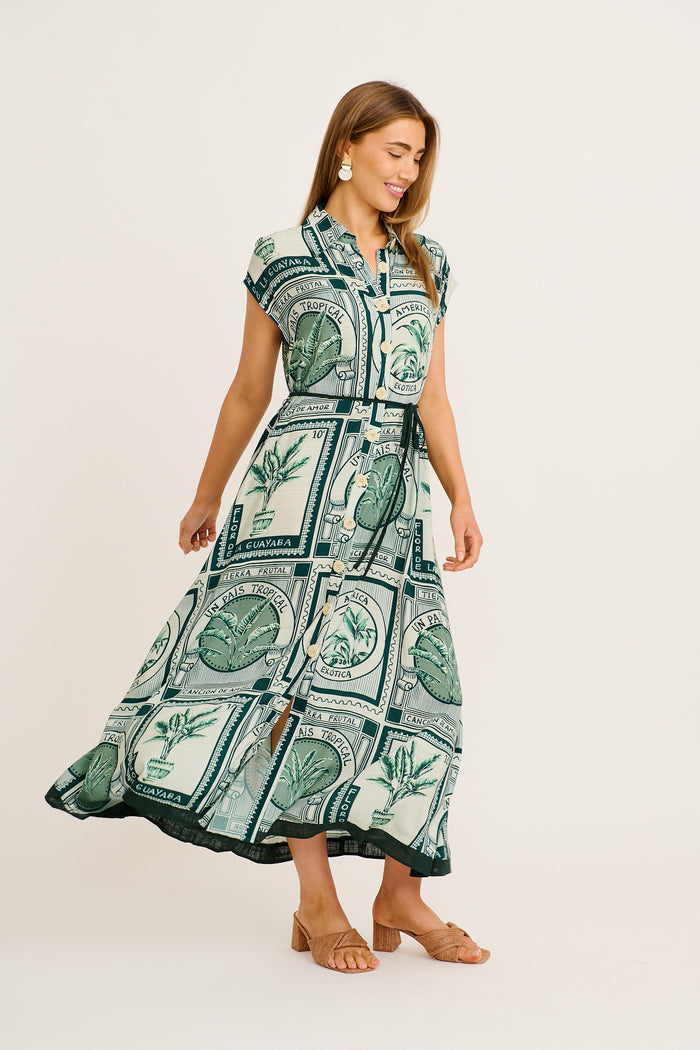 Lucky One Midi Shirt Dress in Green Tile Print side