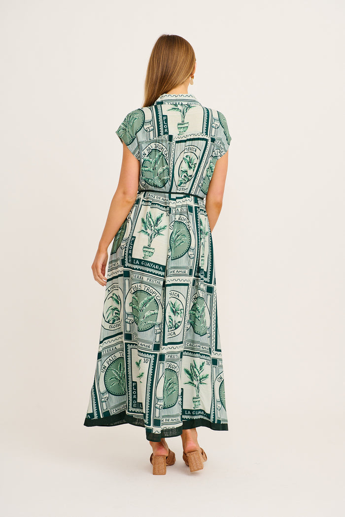 Lucky One Midi Shirt Dress in Green Tile Print back