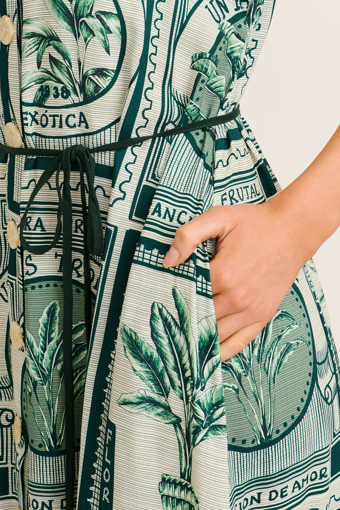 Lucky One Midi Shirt Dress in Green Tile Print detail
