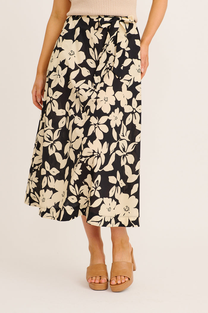 Statement Maxi Skirt in Cream with Black Floral Cotton front