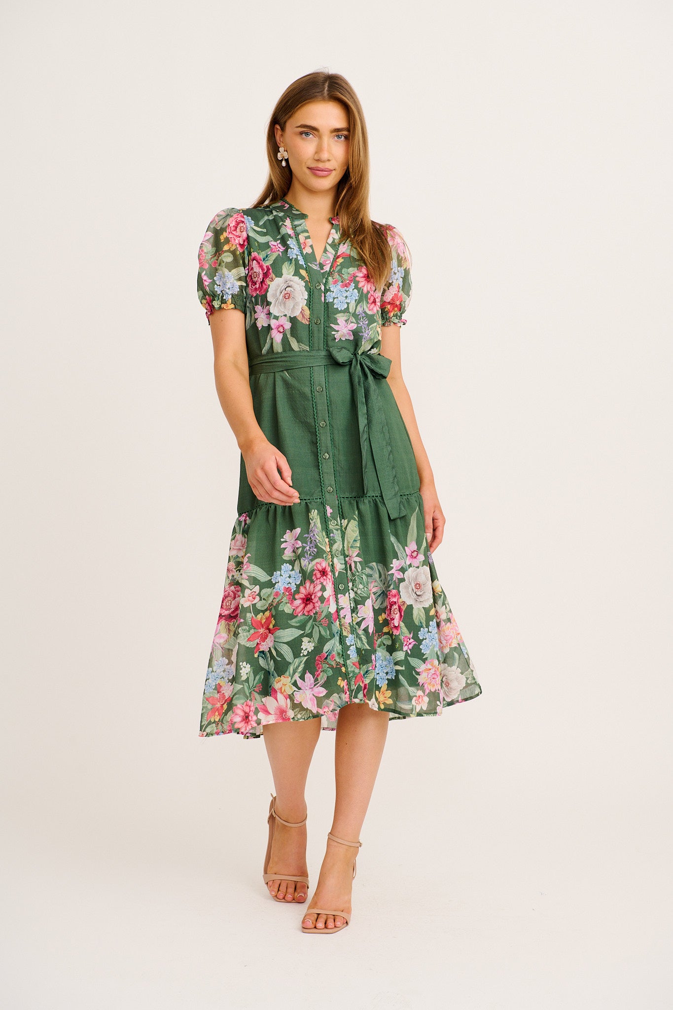 Maeve Midi Dress in Green with Pink Floral full length