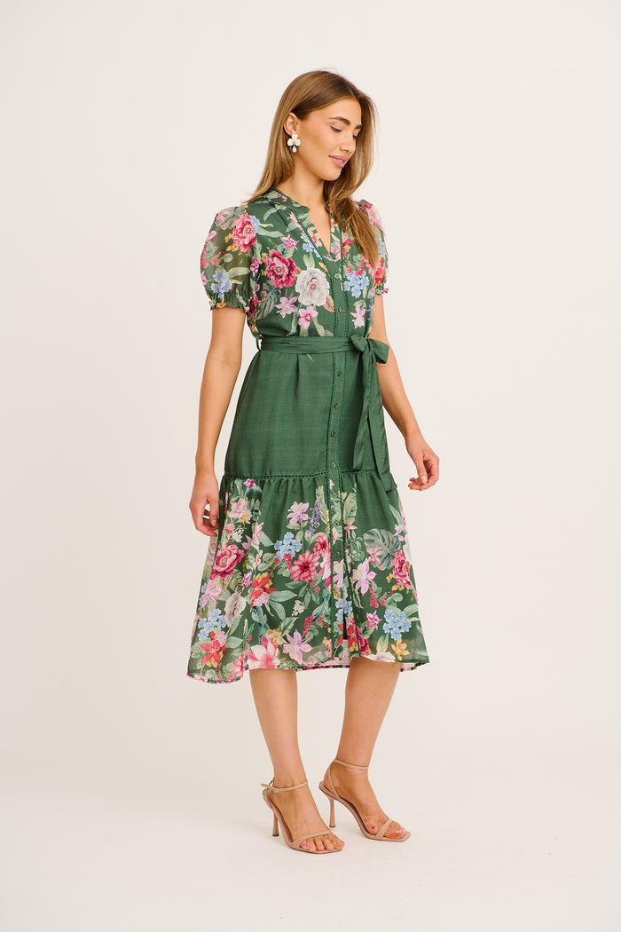 Maeve Midi Dress in Green with Pink Floral side