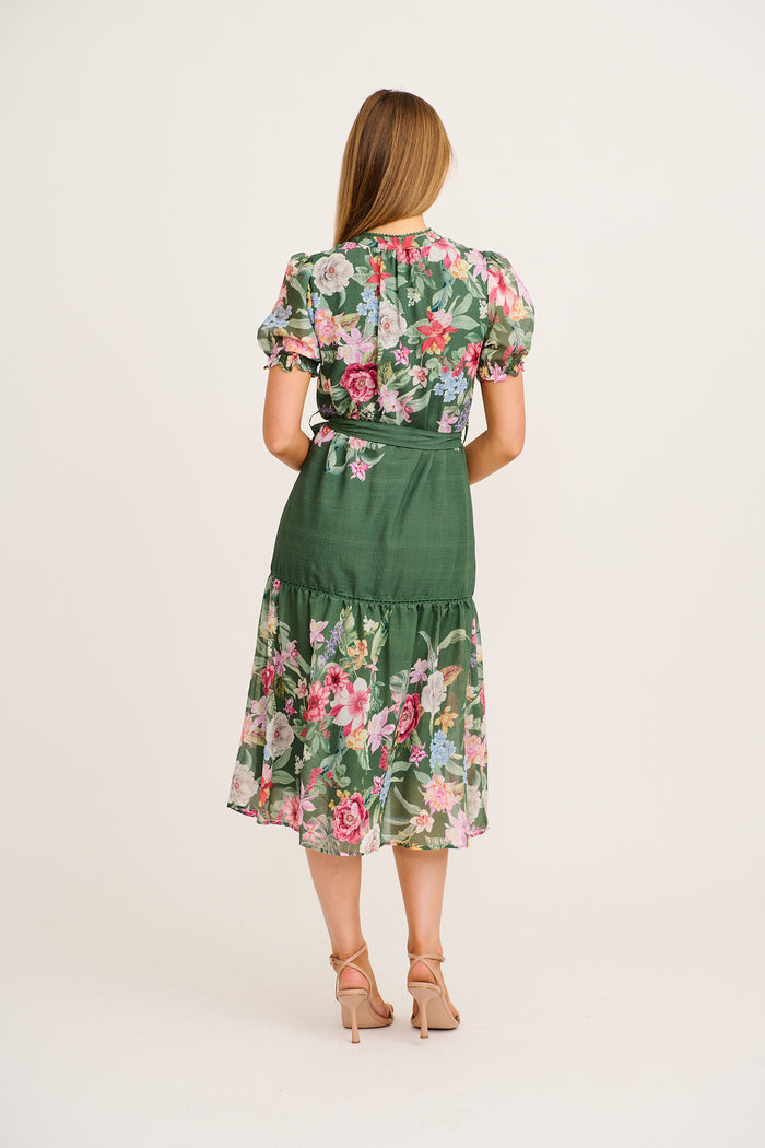 Maeve Midi Dress in Green with Pink Floral back