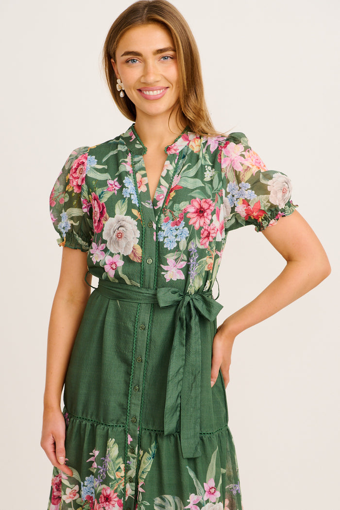 Maeve Midi Dress in Green with Pink Floral front