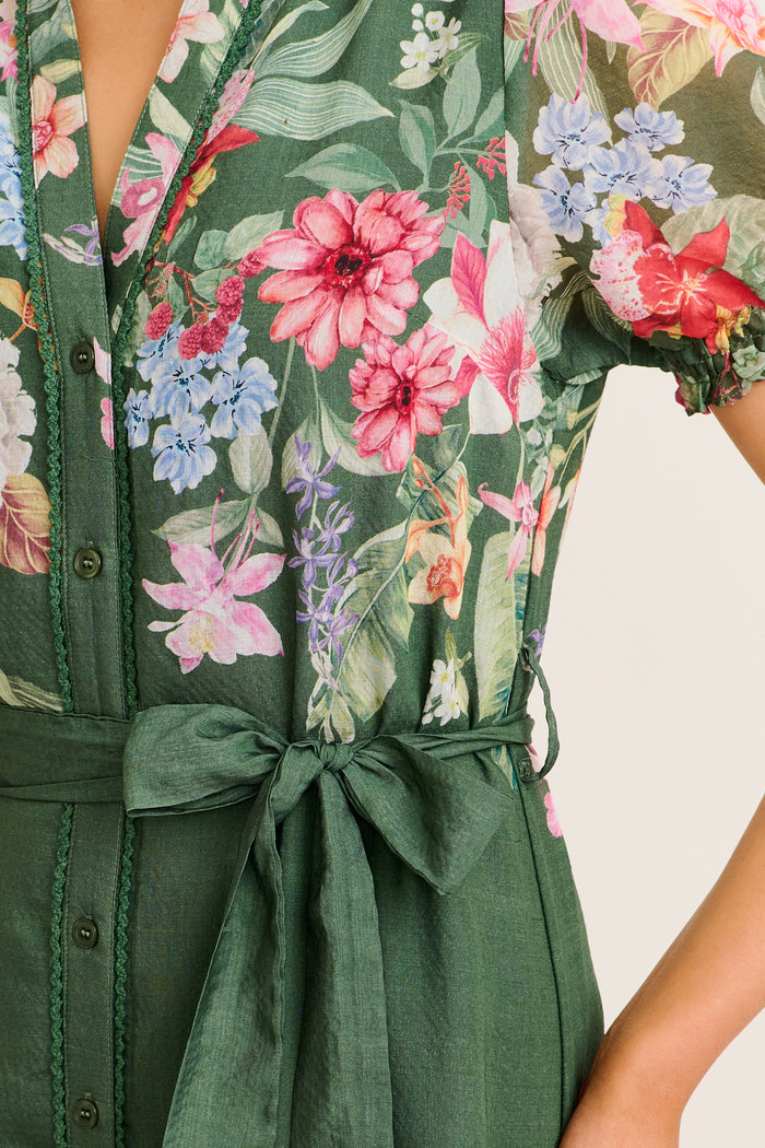 Maeve Midi Dress in Green with Pink Floral detail