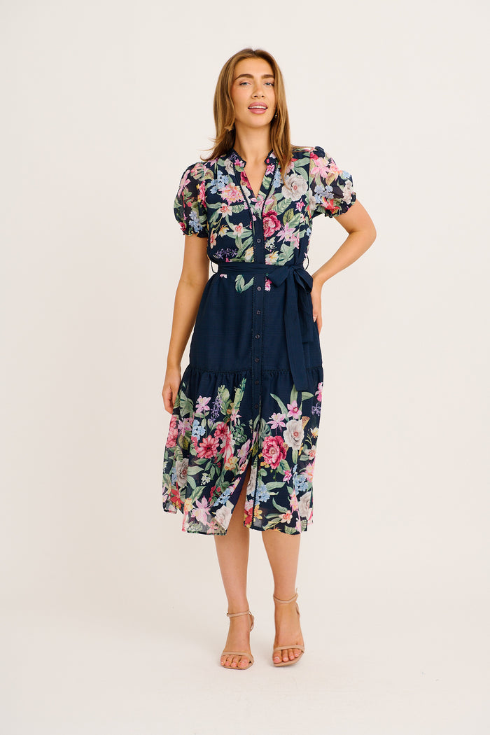 Maeve Midi Dress in Navy with Pink Floral full length