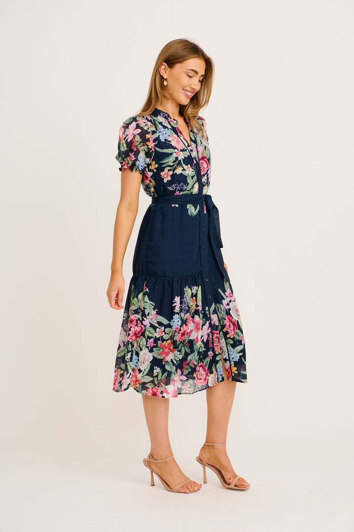 Maeve Midi Dress in Navy with Pink Floral side