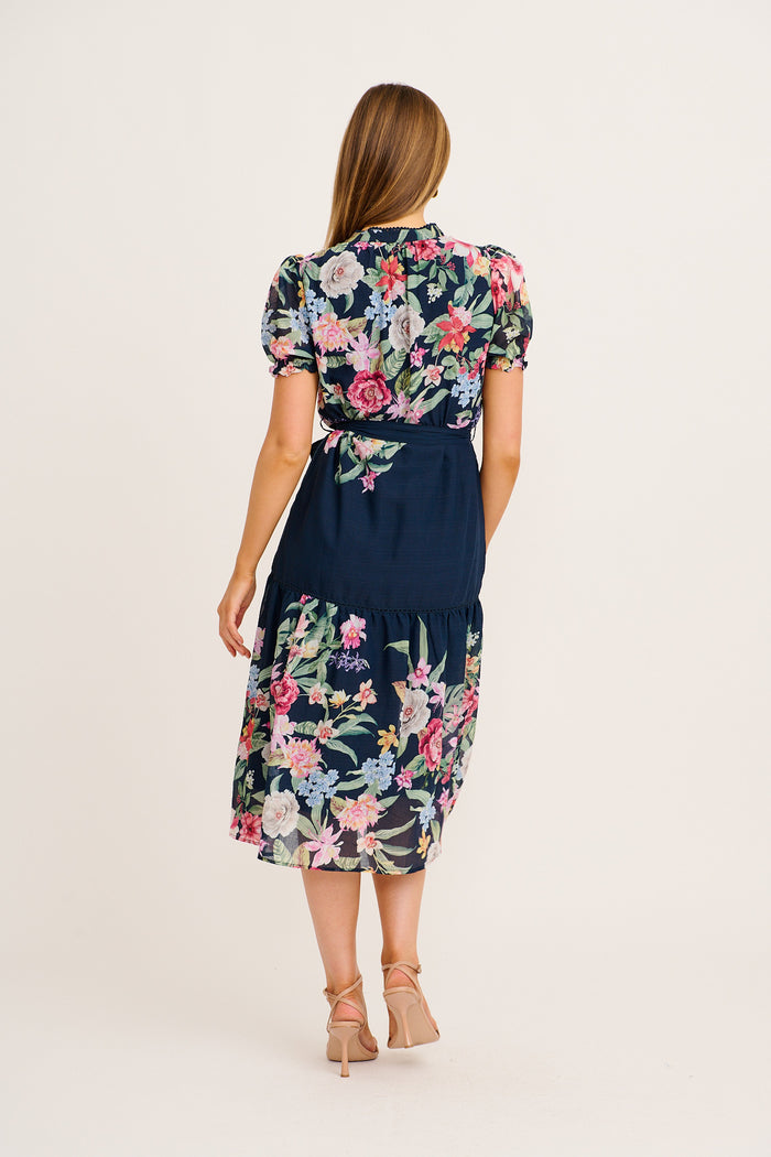 Maeve Midi Dress in Navy with Pink Floral back