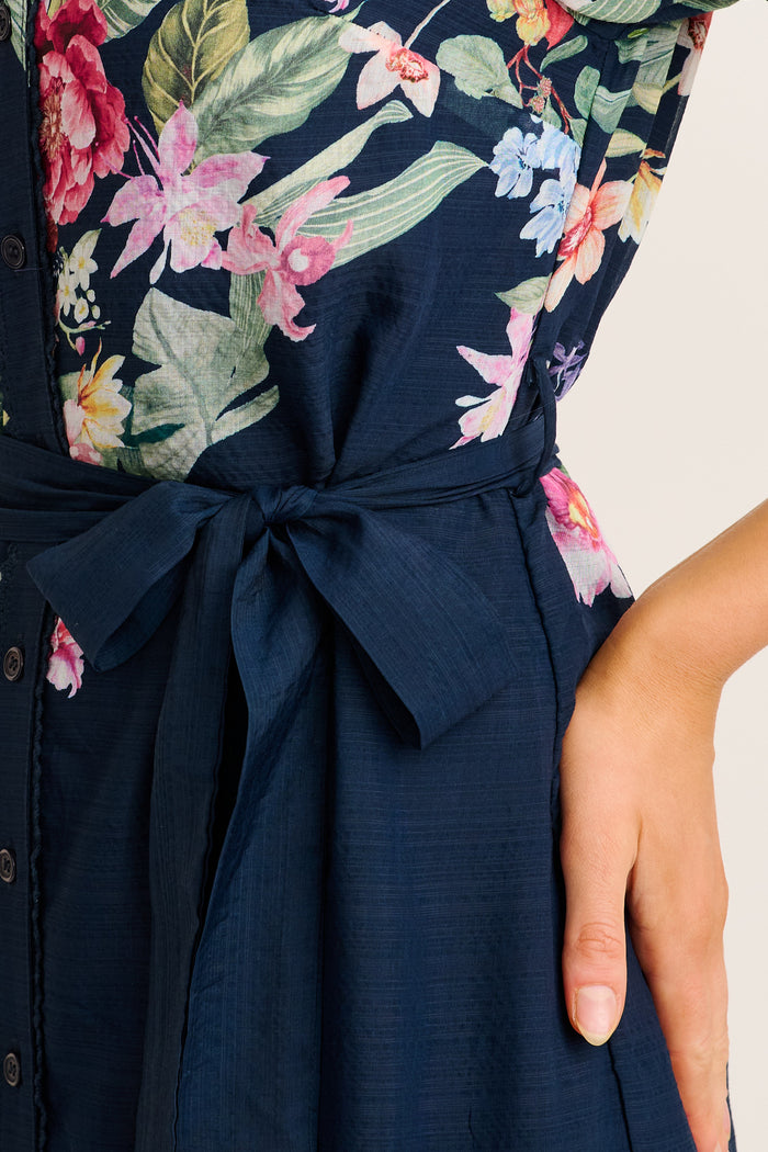 Maeve Midi Dress in Navy with Pink Floral detail