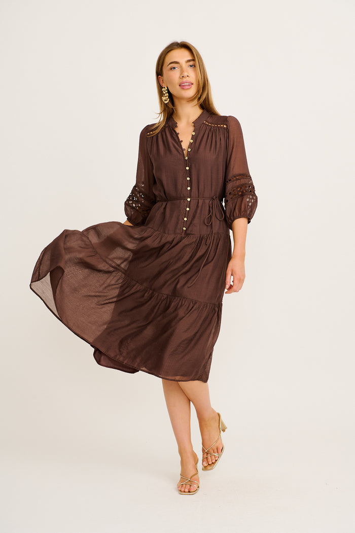 Hyacinth Midi Dress in Chocolate full length
