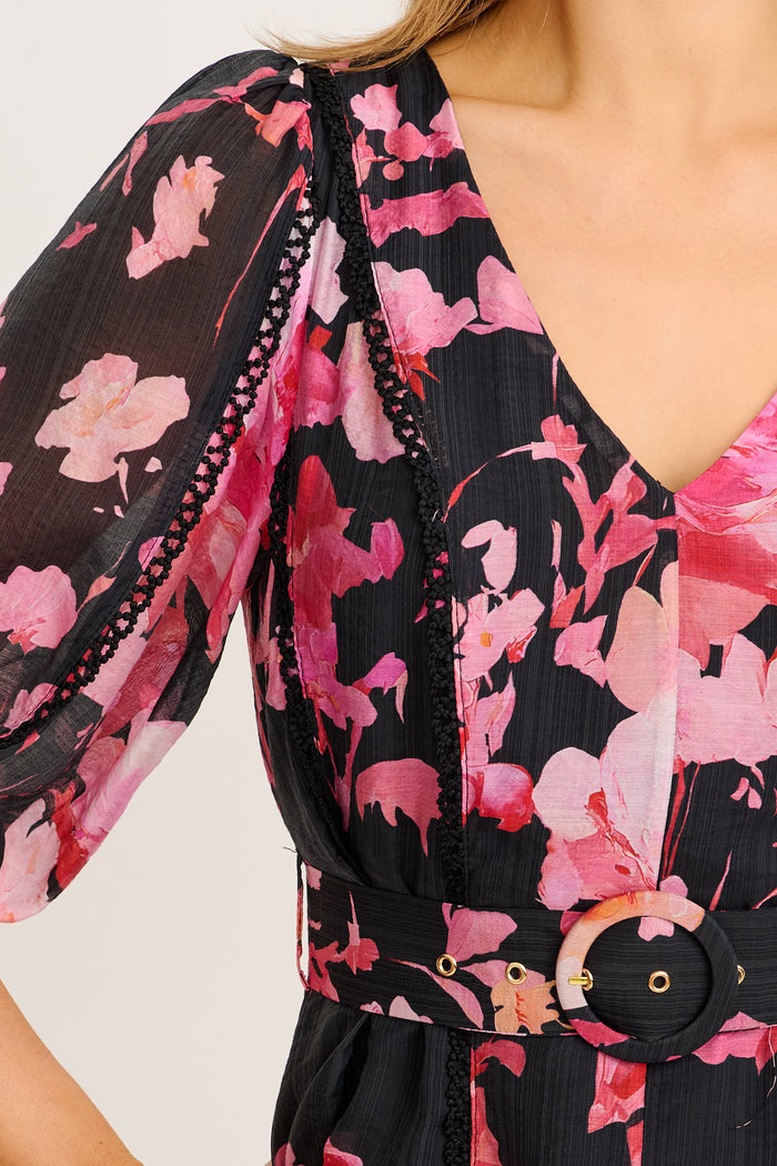 Kenia Maxi Dress in Black with Pink Floral detail