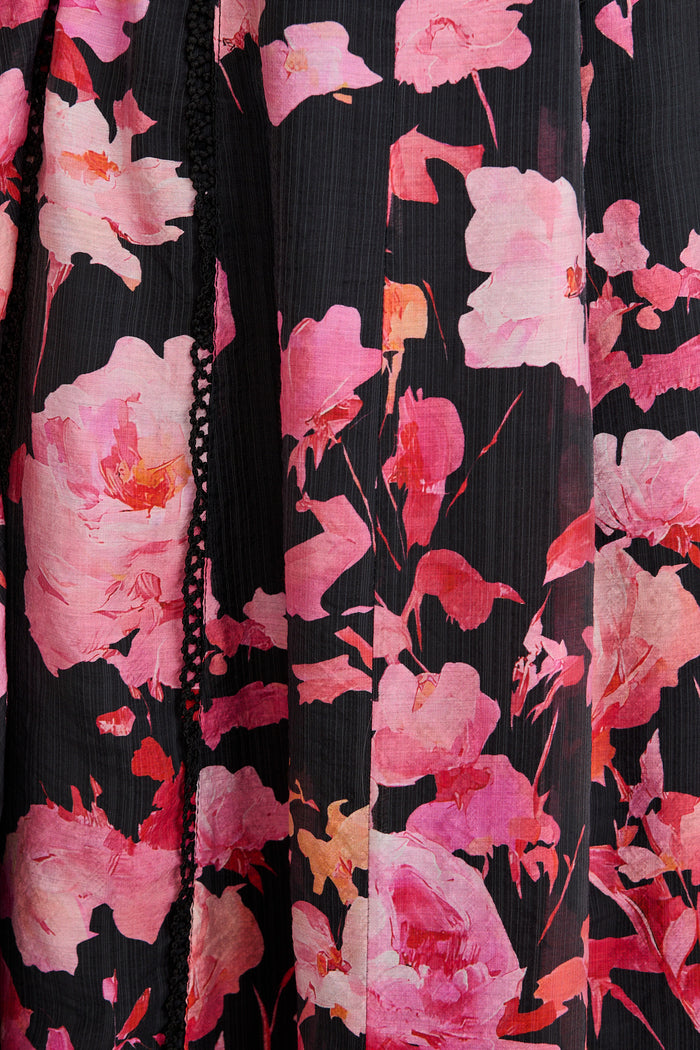 Kenia Maxi Dress in Black with Pink Floral fabric
