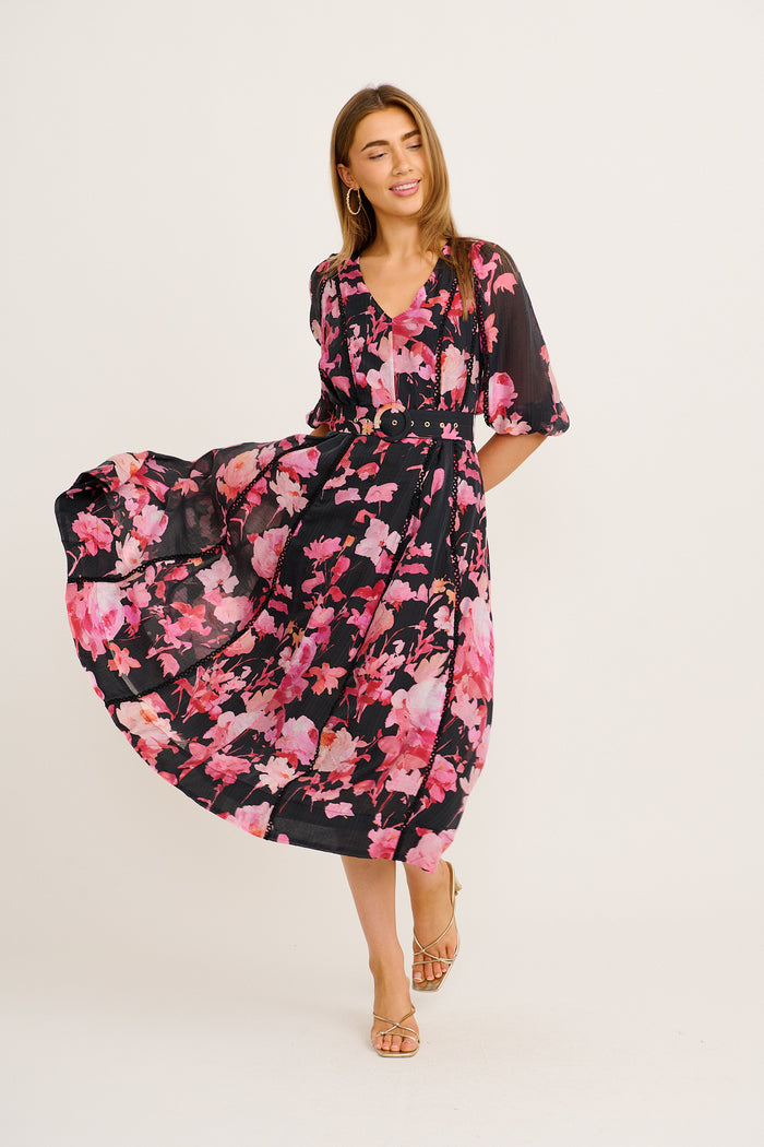 Kenia Maxi Dress in Black with Pink Floral full length