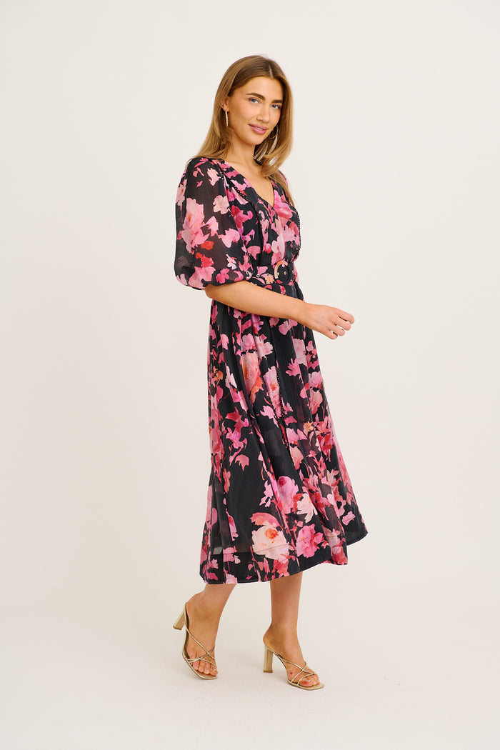 Kenia Maxi Dress in Black with Pink Floral side