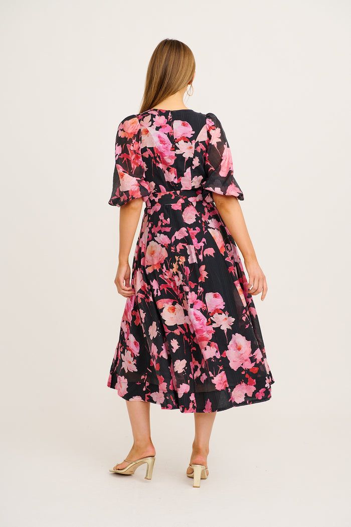 Kenia Maxi Dress in Black with Pink Floral back