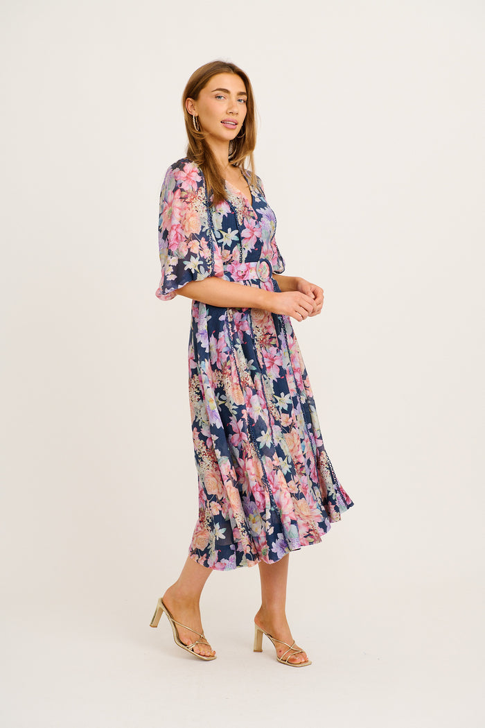 Kenia Maxi Dress in Navy with Multi Floral side