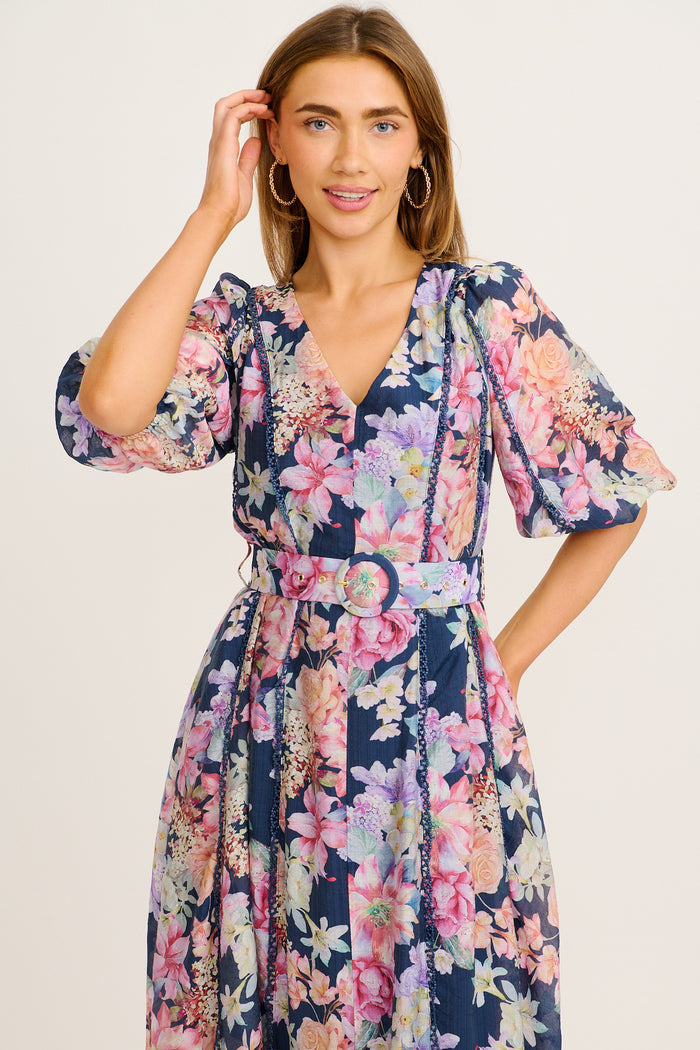 Kenia Maxi Dress in Navy with Multi Floral front