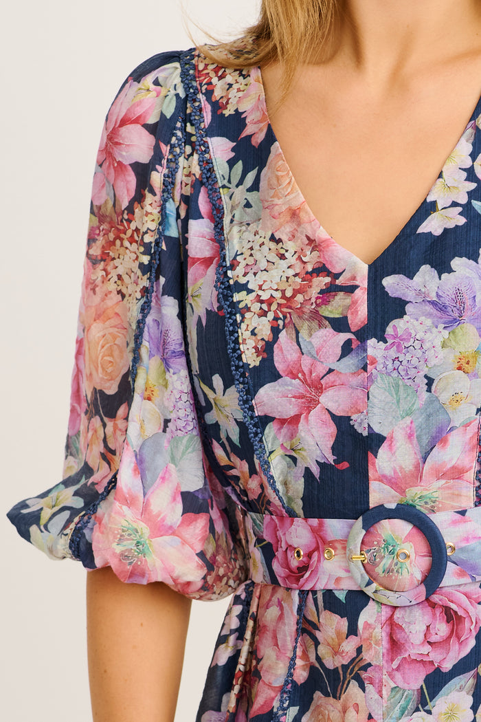 Kenia Maxi Dress in Navy with Multi Floral detail