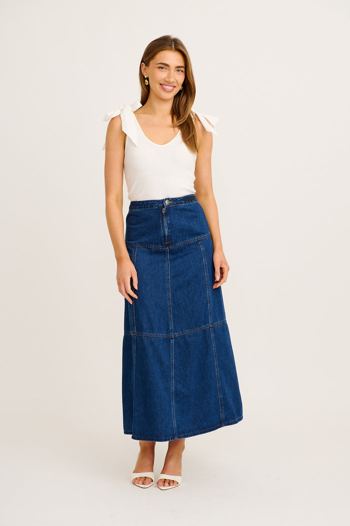 Maryanne Maxi Skirt in Mid Blue Wash Denim full length