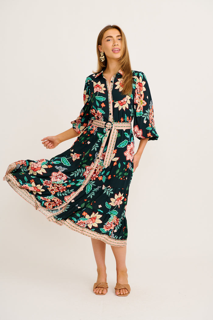Evening Serenade Midi Shirt Dress in Emerald with Multi Floral full length