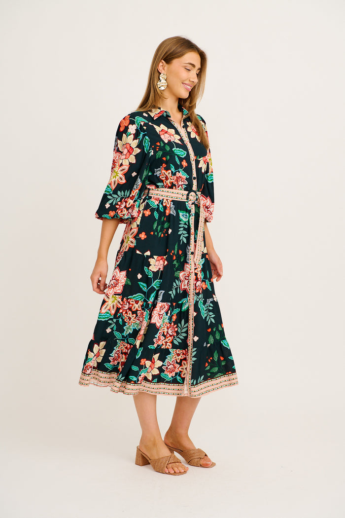 Evening Serenade Midi Shirt Dress in Emerald with Multi Floral side