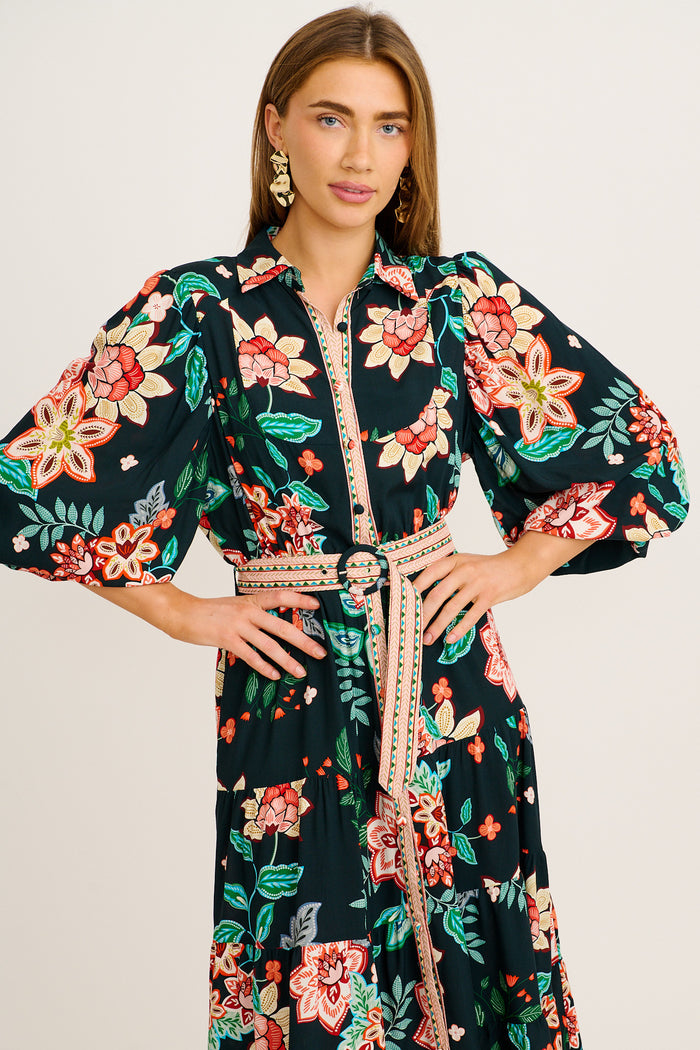 Evening Serenade Midi Shirt Dress in Emerald with Multi Floral front