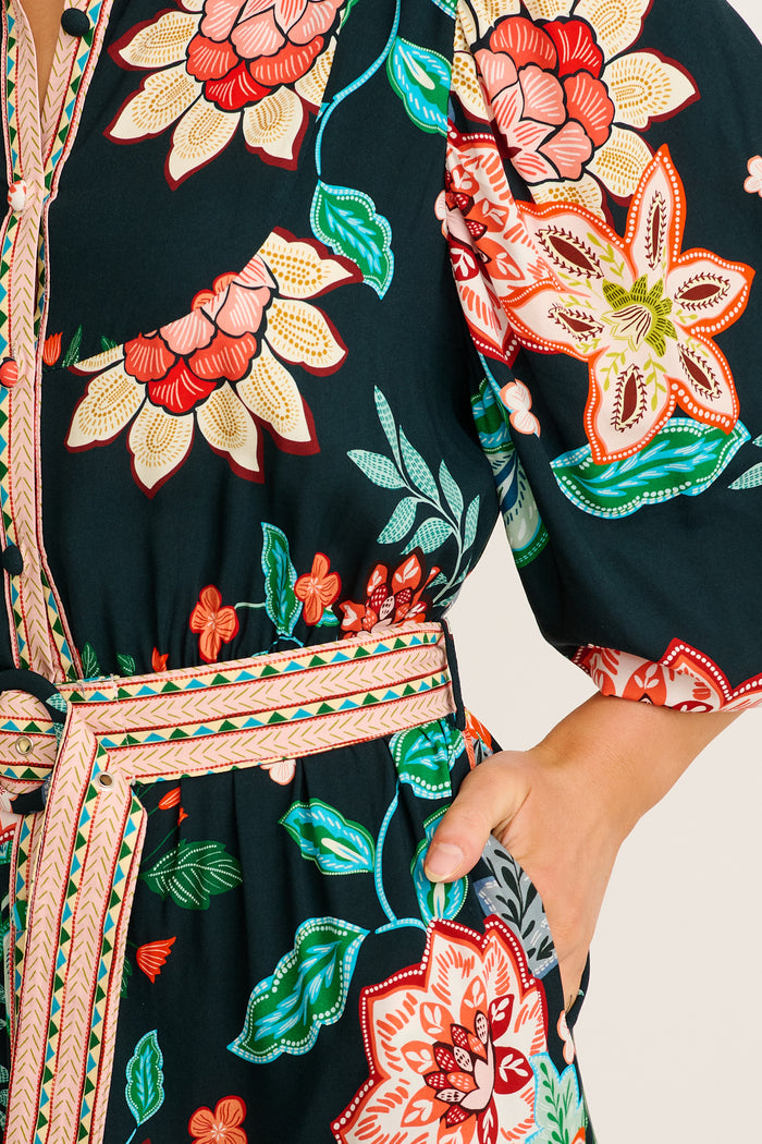 Evening Serenade Midi Shirt Dress in Emerald with Multi Floral detail