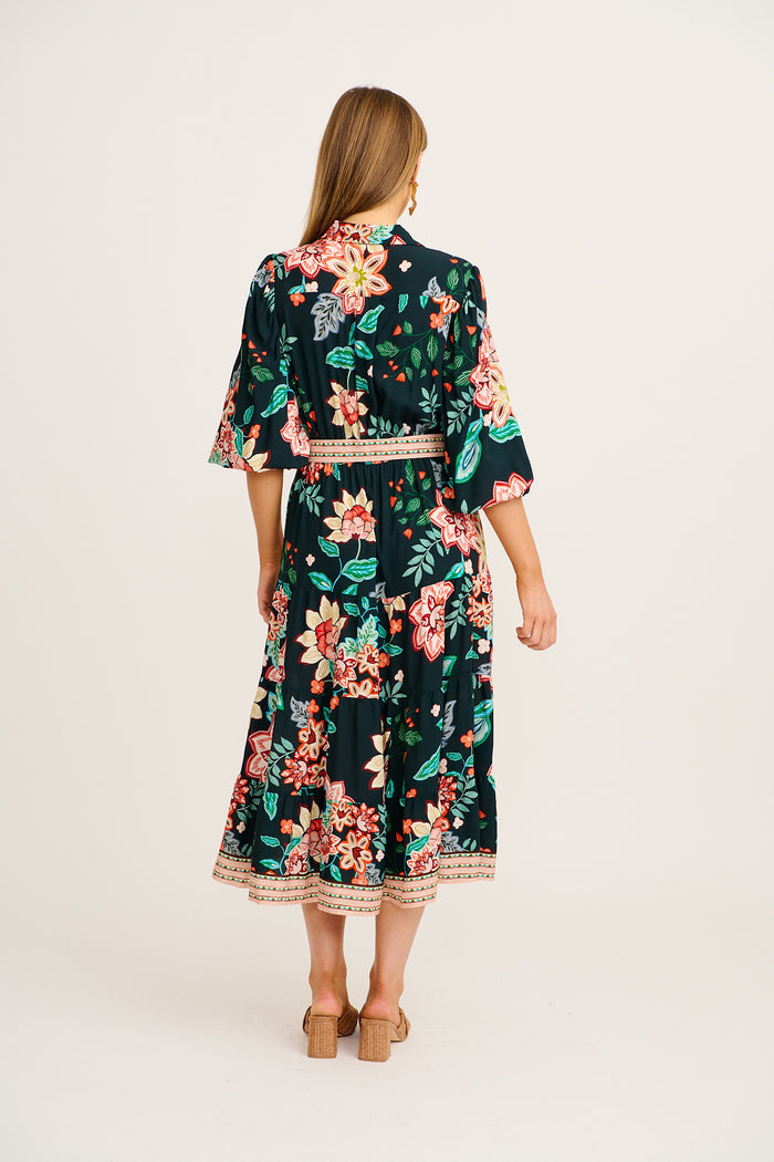 Evening Serenade Midi Shirt Dress in Emerald with Multi Floral back