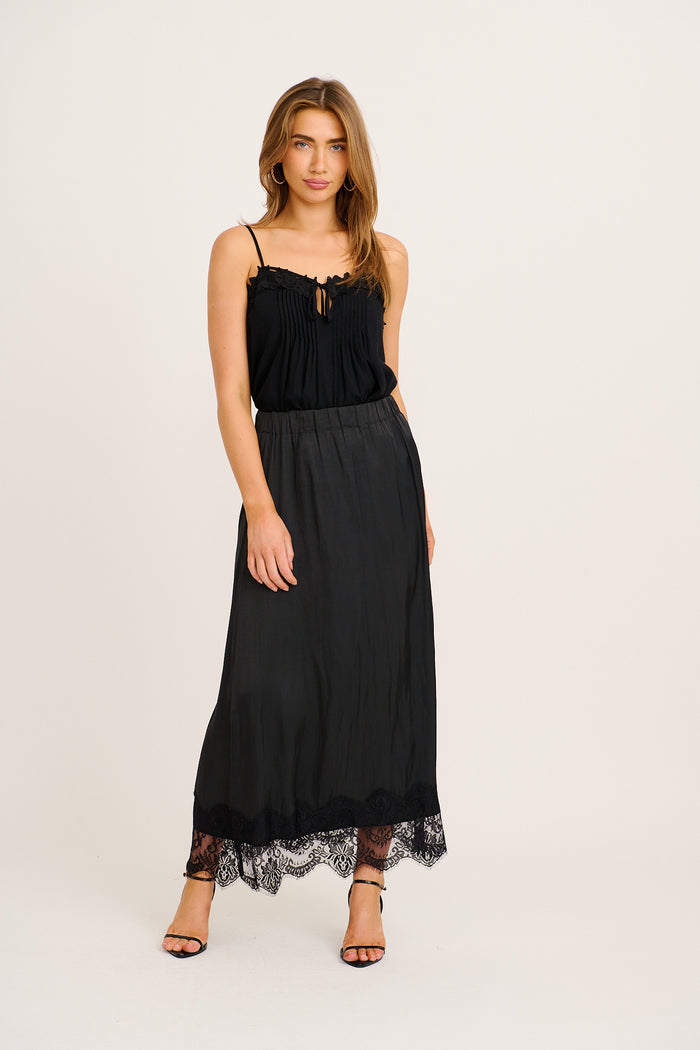 Best Yet Midi Skirt in Black Satin full length
