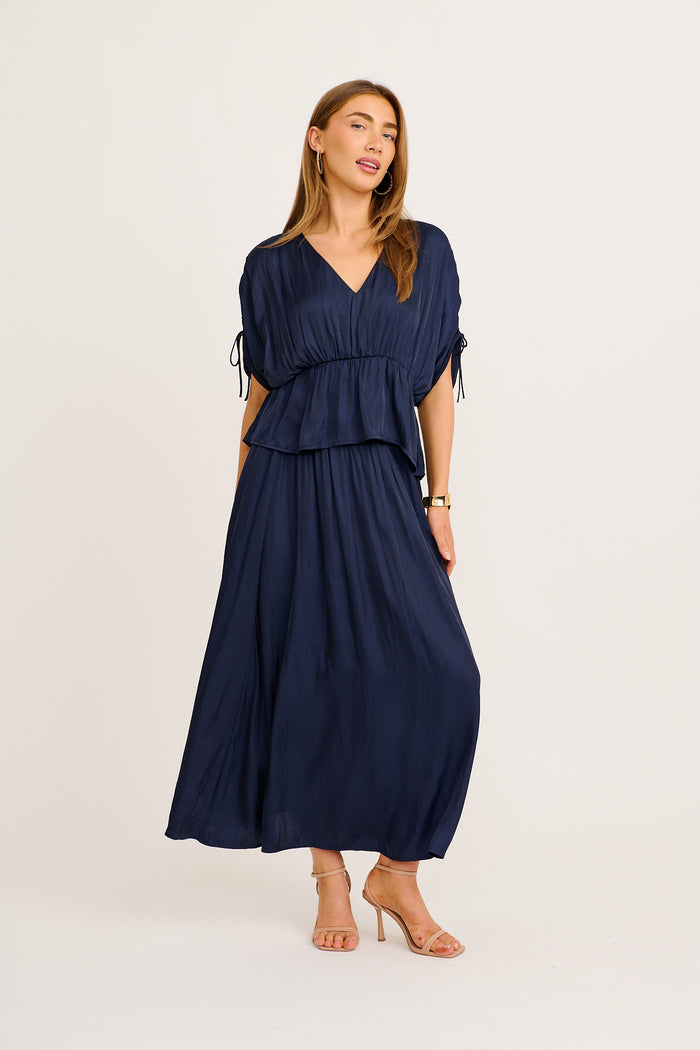 Ultimate Style Top in Navy Satin full length