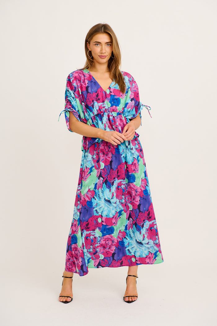 Ultimate Style Top in Multi Watercolour Satin full length set